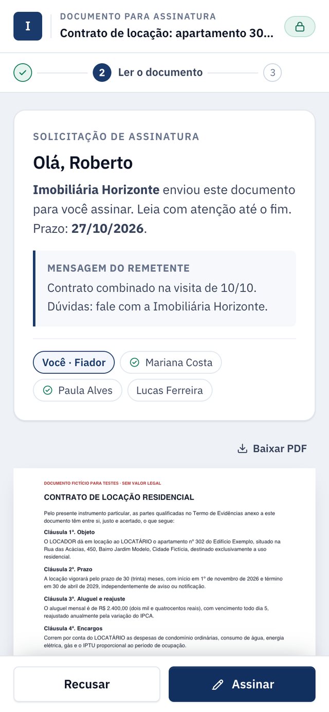 Tela do fiador no celular: documento para assinatura, mensagem da imobiliária, participantes e o contrato aberto com os botões Recusar e Assinar