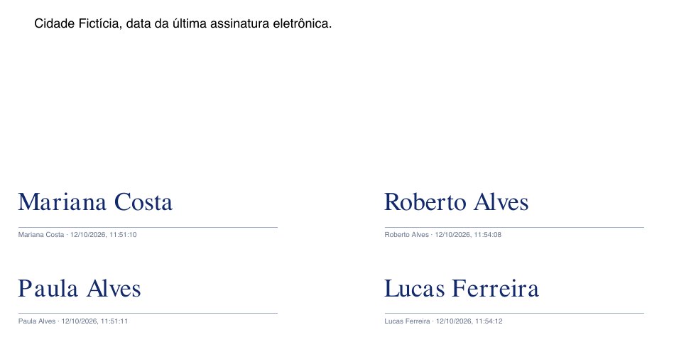 Última página do contrato concluído, com as quatro assinaturas, nome e data e hora de cada uma